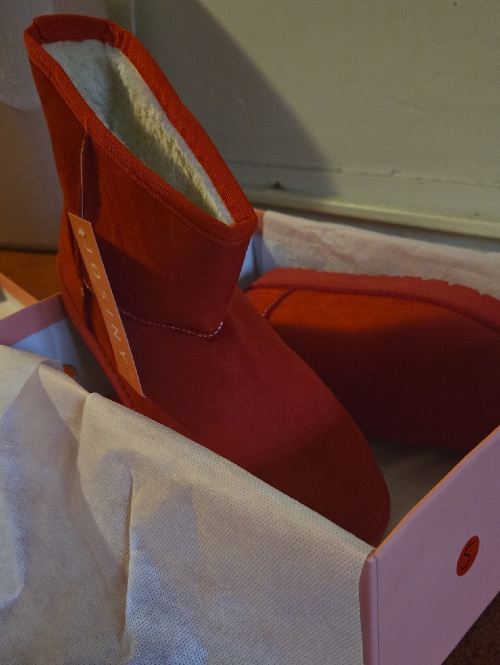 Women's Red Fleece-Lined Ankle Booties with box.